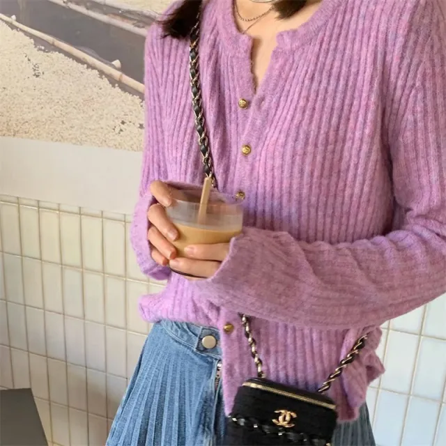 Soft Round Neck Gentle Simple Slim Fit Sweater Thin Coat Purple - Shop at LoveMi
