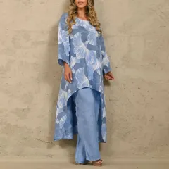 Loose Plus Size Print Irregular Top Suit - Blue - View 1