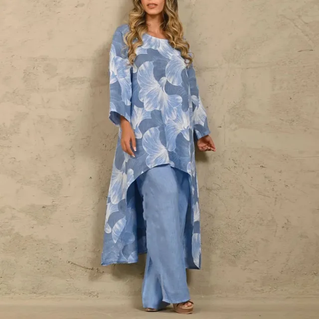 Loose Plus Size Print Irregular Top Suit Blue - Shop at LoveMi