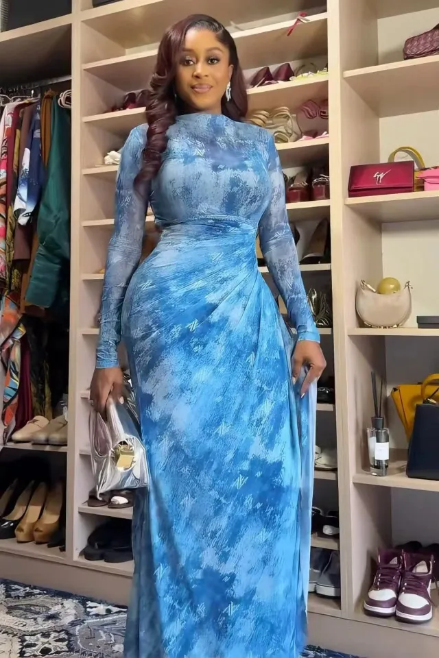 Printed Mesh Maxi Dress With Long Sleeves Blue - Shop at LoveMi
