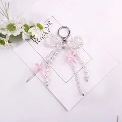 Women's Cute Sweet Handmade White Pearl Fabric Bow Keychain - Q15491 - View 1