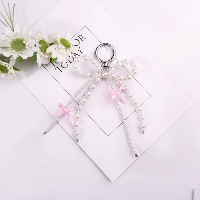 Women's Cute Sweet Handmade White Pearl Fabric Bow Keychain Q15491 - Shop at LoveMi