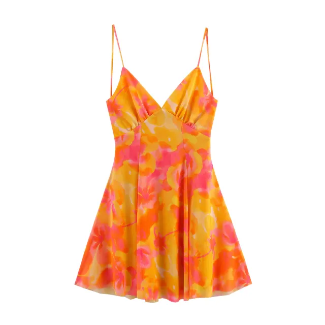 Ethnic Style Floral Print Silk Net Short Sling Dress Orange - Shop at LoveMi