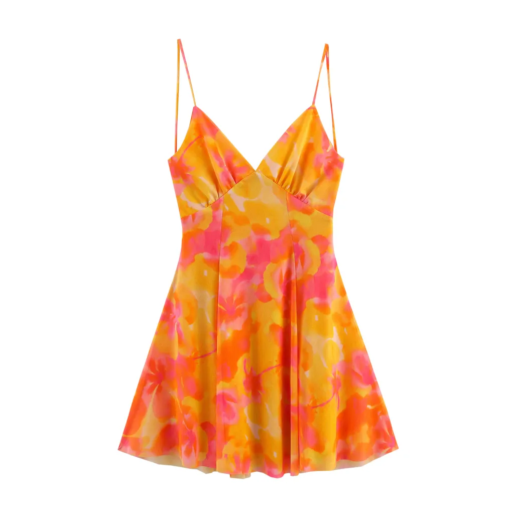 Ethnic Style Floral Print Silk Net Short Sling Dress - Orange