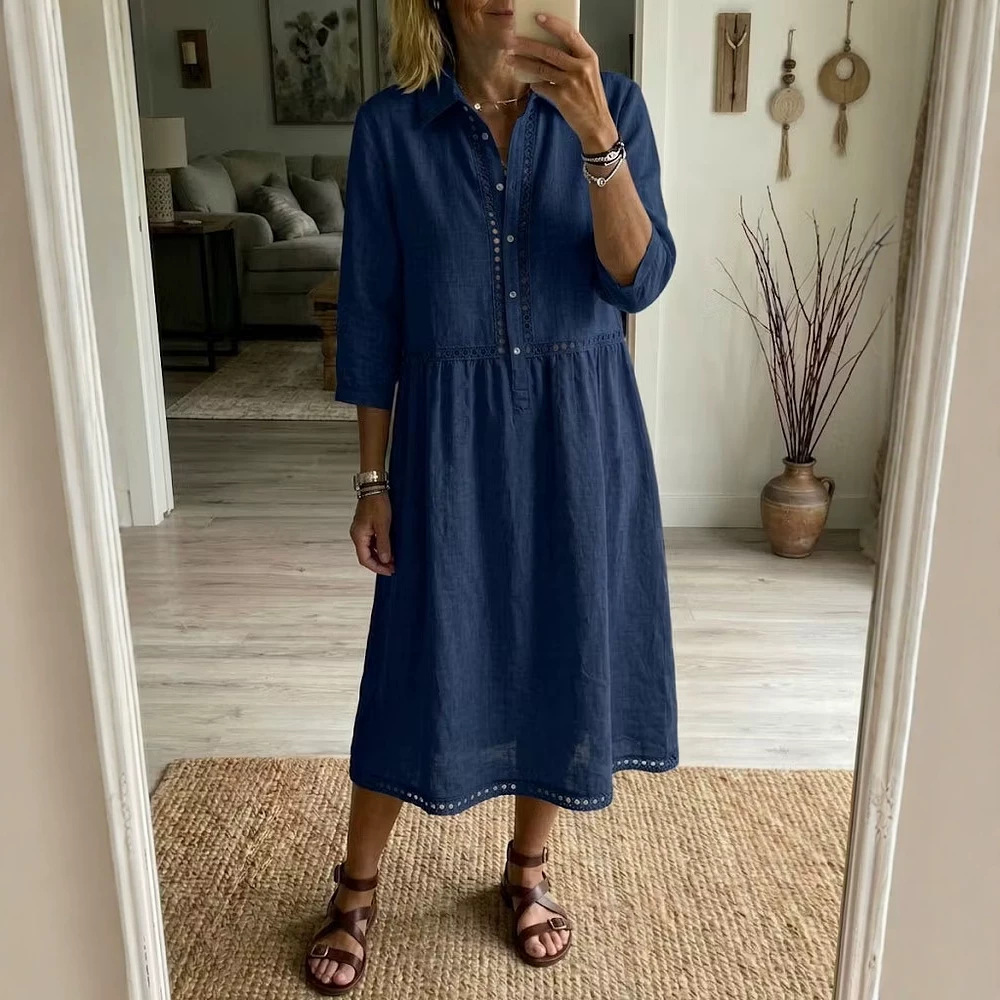 Elegant And Casual Solid-color Three-quarter-sleeve Womens Shirt Dress