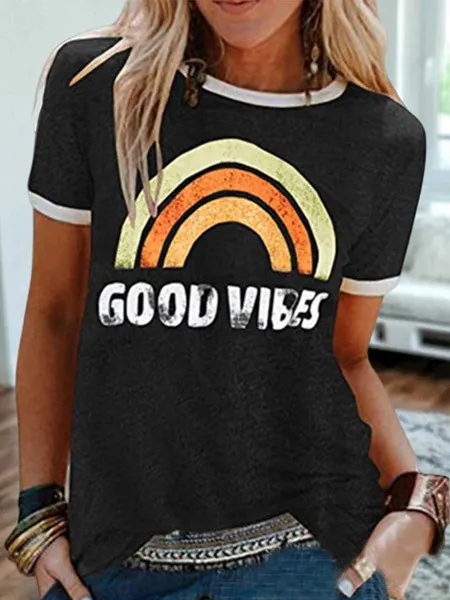 Women's Printed Round Neck Short Sleeve T shirt Black - Shop at LoveMi