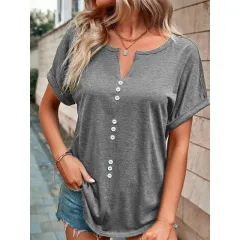 Women's Clothes Hot-selling V-neck Buttons Short Sleeve Top - Grey - View 1