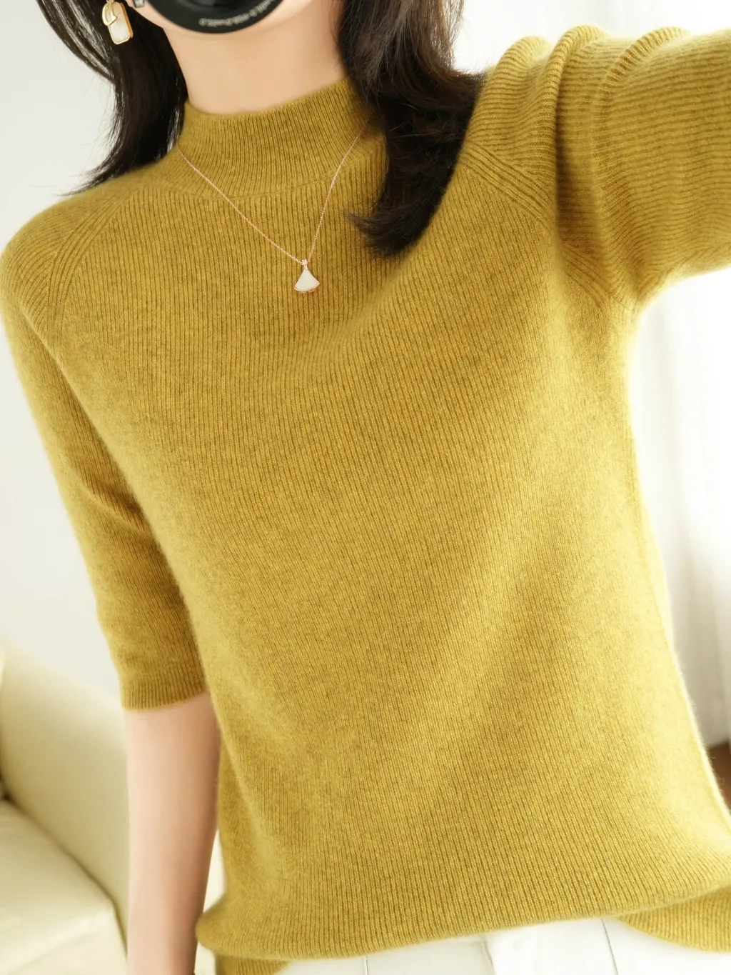 Wool Blended Autumn And Winter New Women's Mock-neck Mid-length Sleeve Knitwear - Yellow