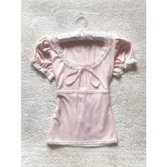 French Retro Lace Stitching Bow Top For Women - Pink - View 1