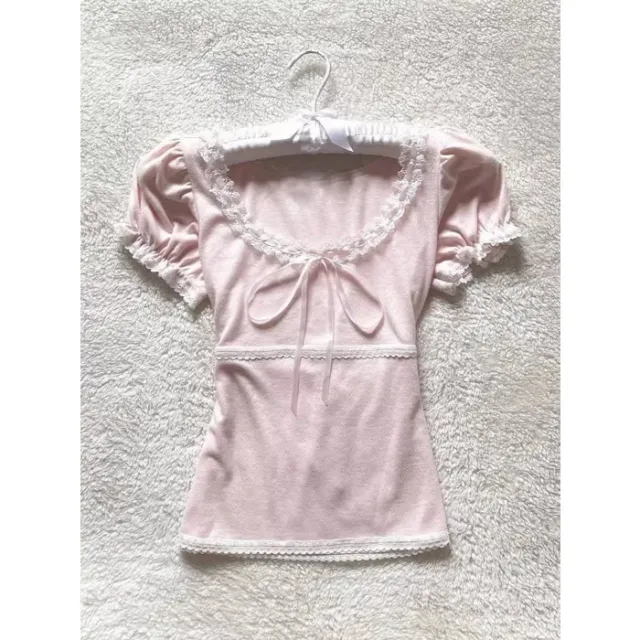 French Retro Lace Stitching Bow Top For Women Pink - Shop at LoveMi
