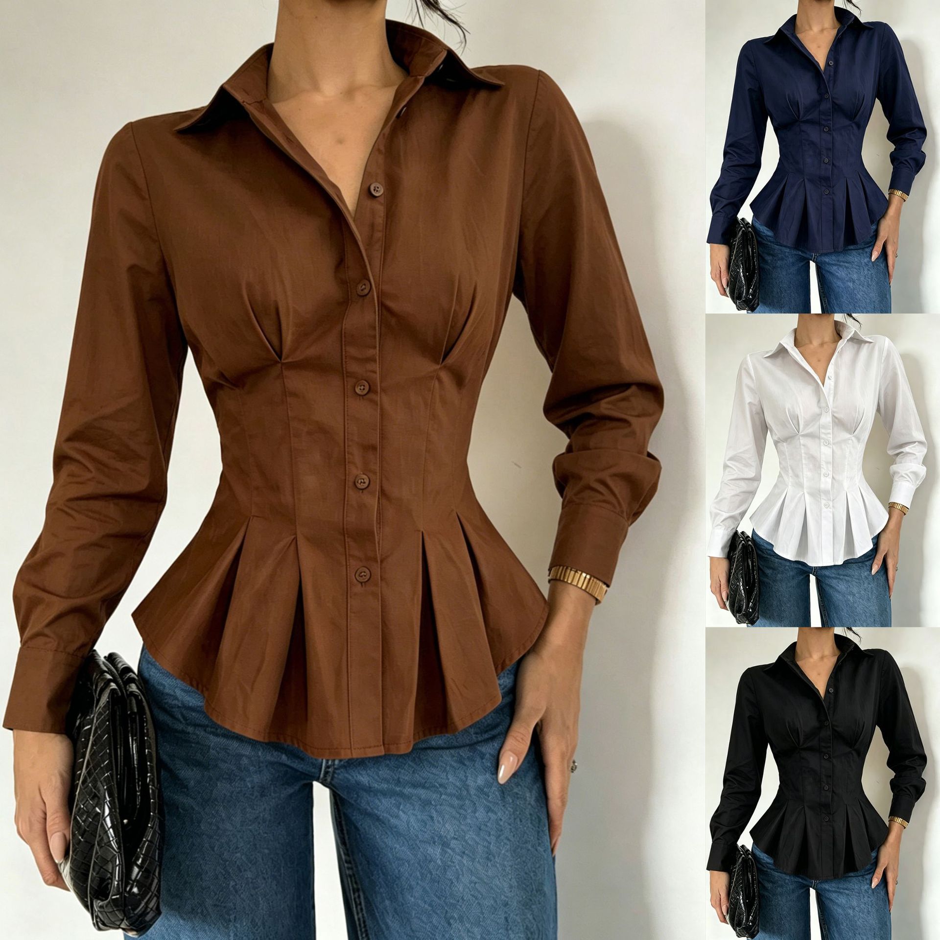 Fitted-waist Long-sleeve Shirt With Pleated Waist Detailing