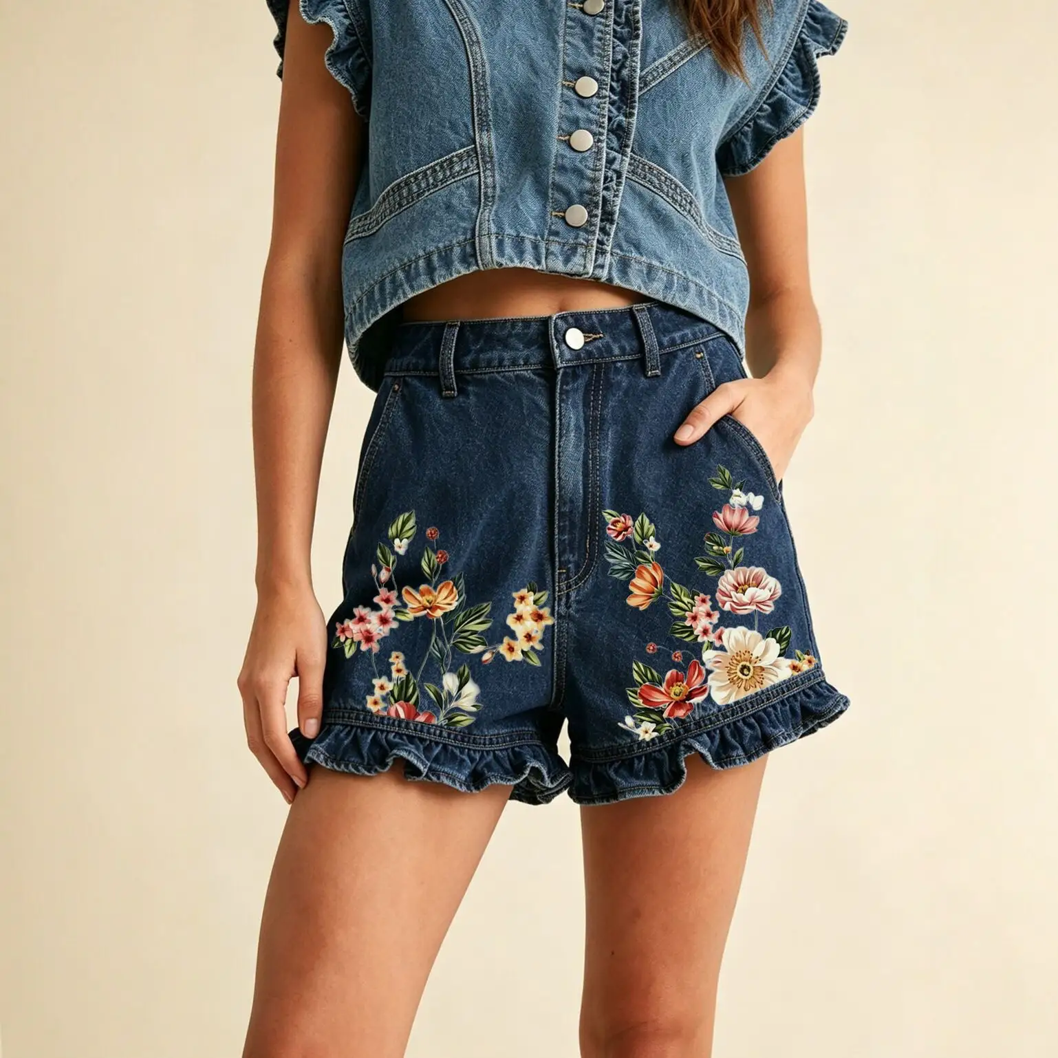 Ruffled Hem Wide-leg Shorts, Mid-rise, Versatile Womens