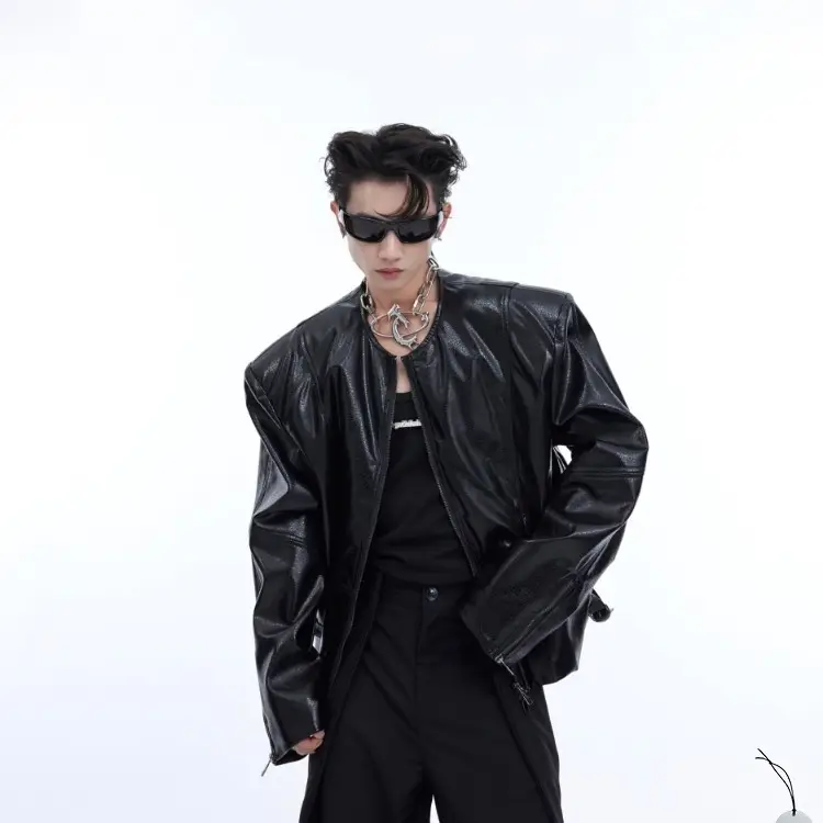 Texture Sense Padded Shoulder Leather Coat Men