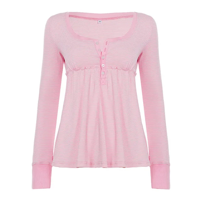 Soft Girl Pure Alluring Style U Neck Semi Open Collar Striped Knit Sweater Pink - Shop at LoveMi