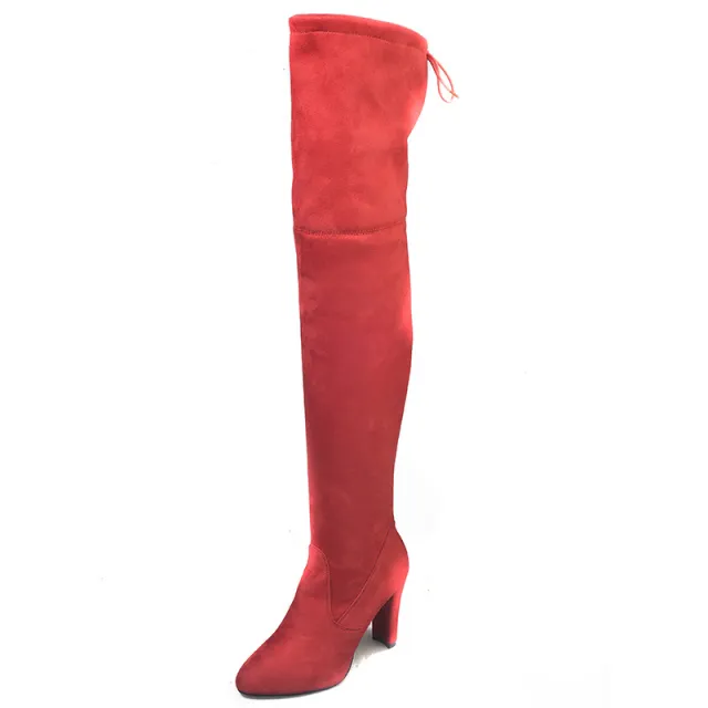 Pointed Toe Chunky Heel Over the knee Boots Springy Thigh Boot Women Burgundy - Shop at LoveMi