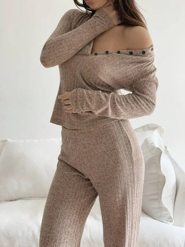 Knitted Ribbed T shirt And Pants For Women Khaki - Shop at LoveMi