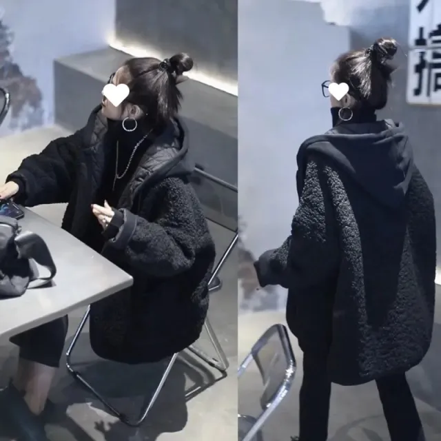 Patchwork False Two piece Sweaters Hooded Loose All match Plus Size Woolen Coat Black Cotton Padded Thickened - Shop at LoveMi