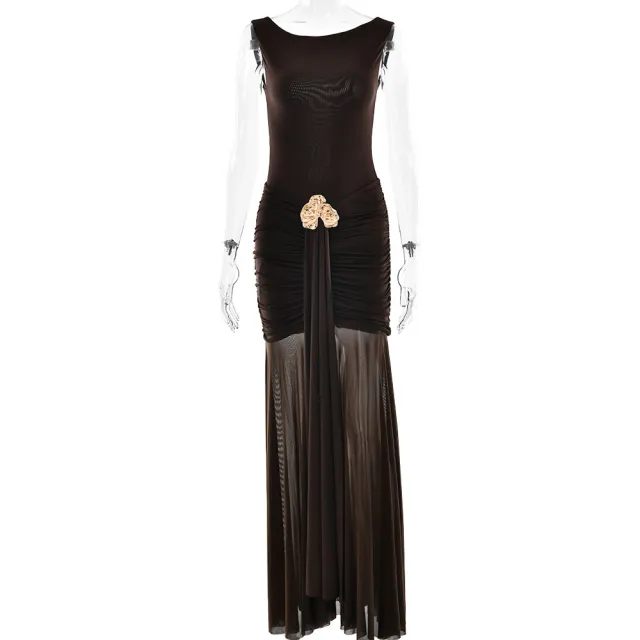 Women's Solid Color Sleeveless Backless Split Waist Dress Brown - Shop at LoveMi