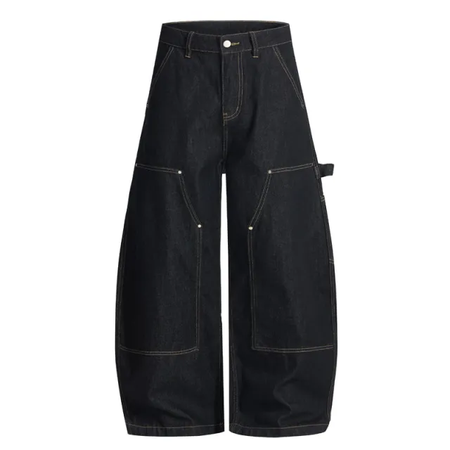 A shaped Wide leg Double knee Raw Denim Workwear Jeans Black - Shop at LoveMi