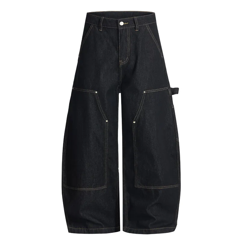 A-shaped Wide-leg Double-knee Raw Denim Workwear Jeans - Black