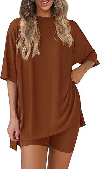 Leisure Crew Neck Split Loose fitting Women's Home Wear Suit Caramel Color - Shop at LoveMi