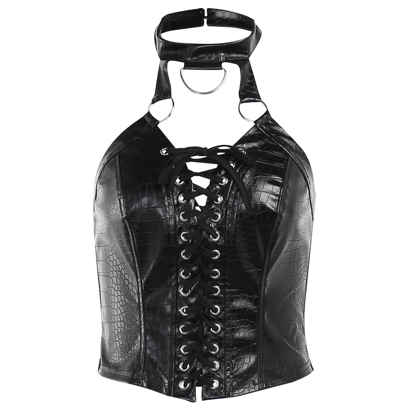 Street Hot Girl Halter Top Sexy Lace up Vest Pu Leather Dark Style Black - Shop at LoveMi