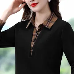Autumn Fashion Patchwork Plaid Layered Slim-fit Top New Versatile Simple Fake Two-piece Stylish Long Sleeve - Black - View 1
