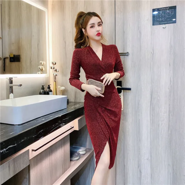 Light Luxury Socialite Temperament V neck Long Sleeve Sexy Slit Wine Red - Shop at LoveMi
