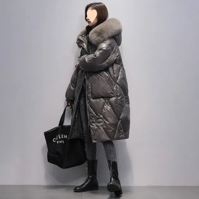 Korean Style Loose Plus Size Thickened Padded Jacket Women's Hooded Large Fur Collar Silver Gray - Shop at LoveMi