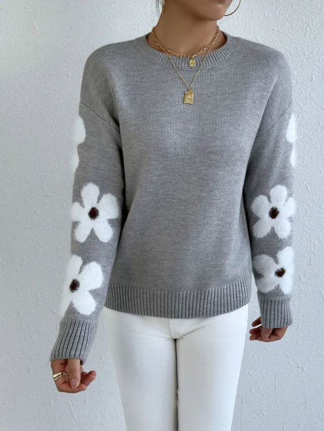 Fashion Flower Jacquard Knitted Pullover Sweater Light Gray - Shop at LoveMi