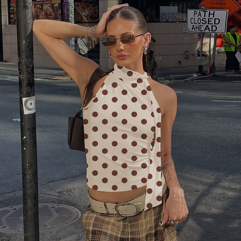 Lace-up Halterneck Sleeveless Printed Top For Women