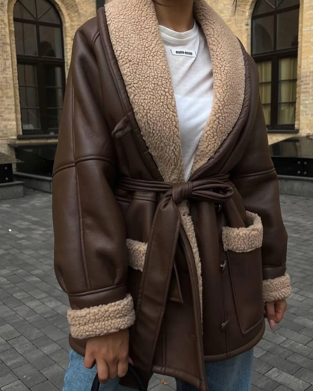 Leather And Fur Korean Style Long Sleeve Splicing Coat Women - Dark Brown