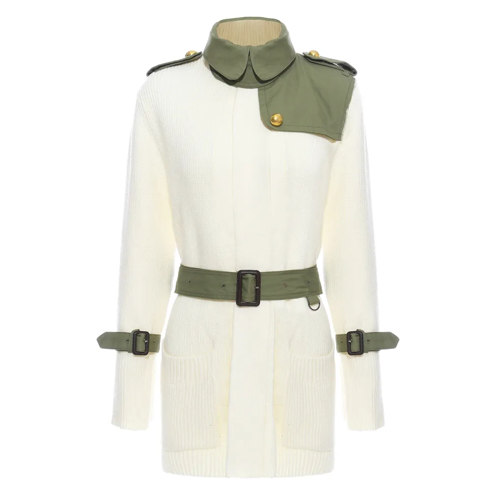 Women's Lace-up Knitted Trench Coat - Beige Army Green
