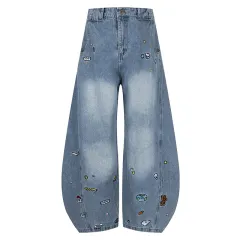 American Retro Cartoon Embroidered Machete Jeans - Retro Blue - View 1