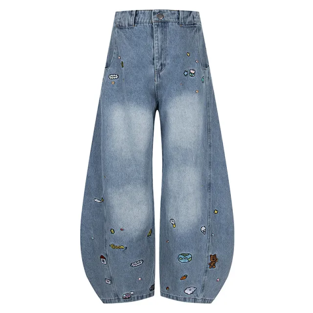 American Retro Cartoon Embroidered Machete Jeans Retro Blue - Shop at LoveMi