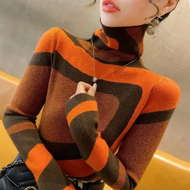 Women's Turtleneck Contrast Color Sweater Orange - Shop at LoveMi