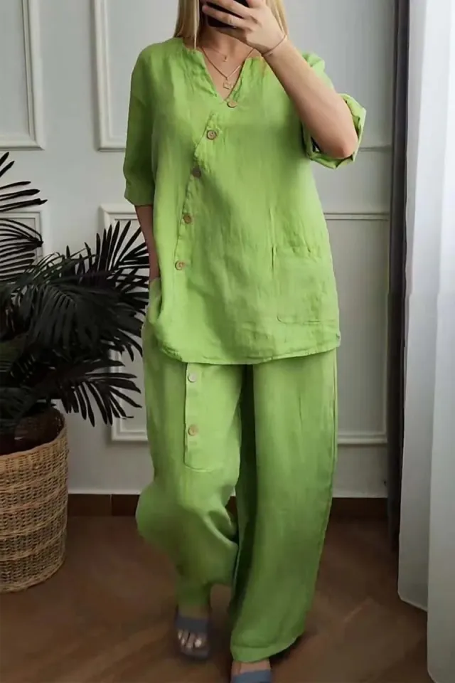 Solid Color Cotton And Linen Three quarter Sleeve Top Wide Leg Pants Two piece Set Green - Shop at LoveMi