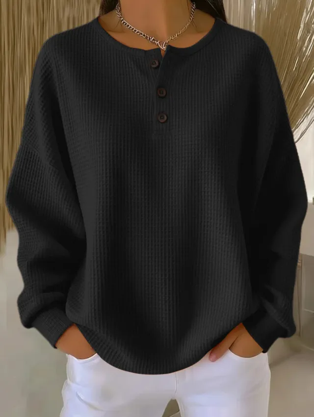 Ins Waffle Long sleeved T shirt Fashion Solid Color Buttons Round Neck Pullover Top Women's Clothing Black - Shop at LoveMi
