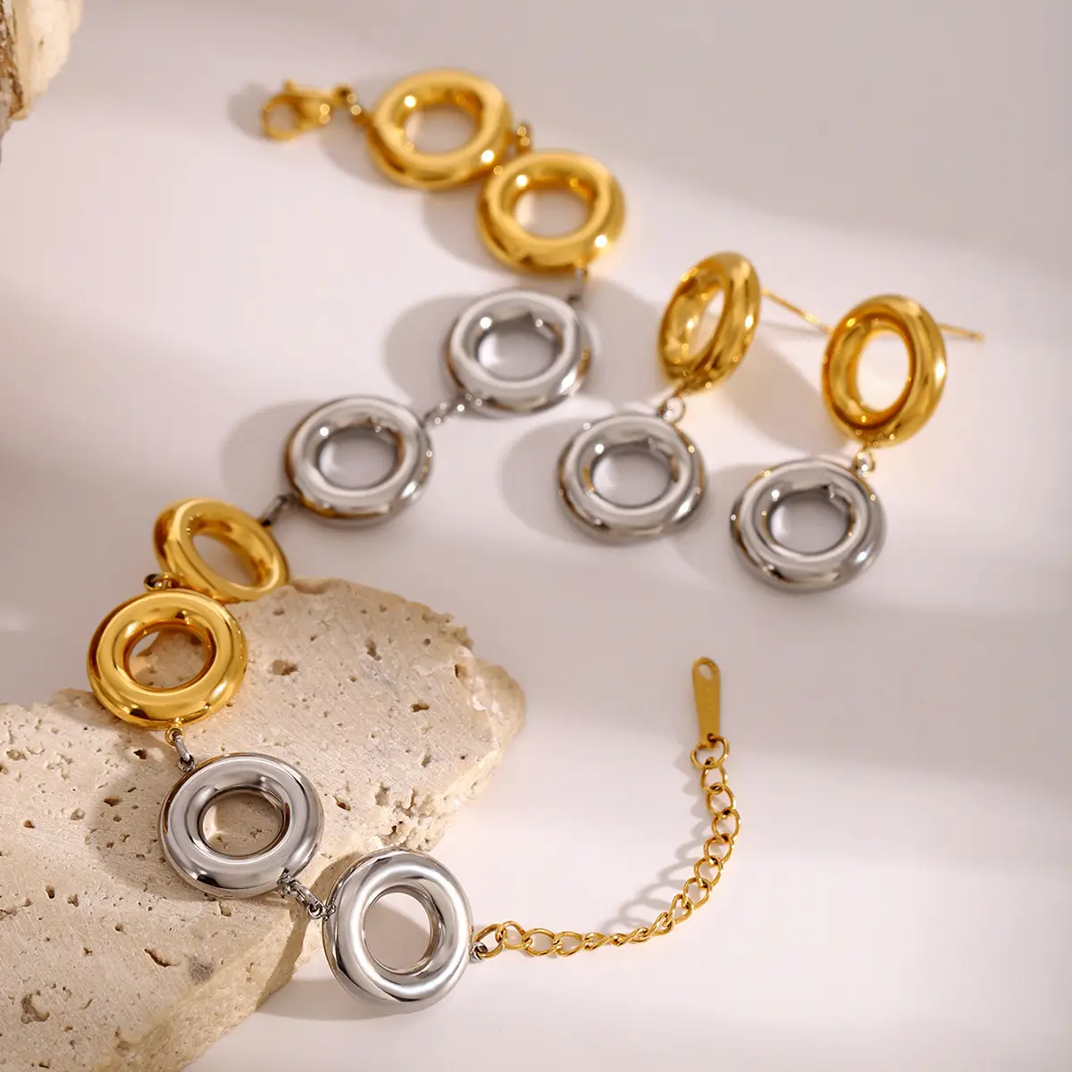 Stainless Steel Gold And Silver Contrast Color Ring Pendant Earrings