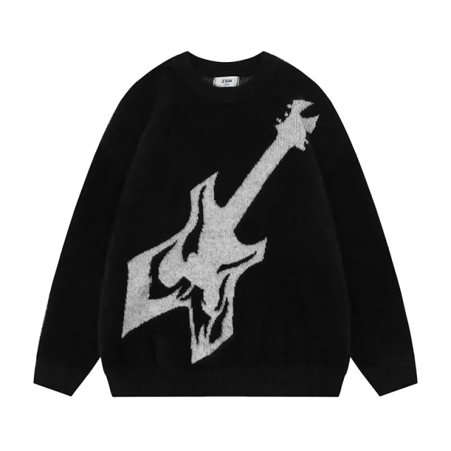 Women's Alphabet Knitting Crocheted Casual Round Neck Sweater Black - Shop at LoveMi
