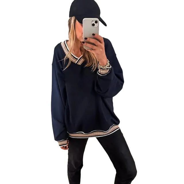 Loose Casual Style Contrast Color Trim Sweater Lc25320192P605 - Shop at LoveMi