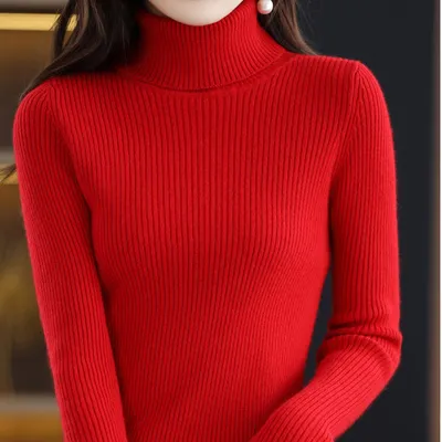 Autumn And Winter Women's Slim fit Pullover Knit Sweater For Layering Bright Red - Shop at LoveMi