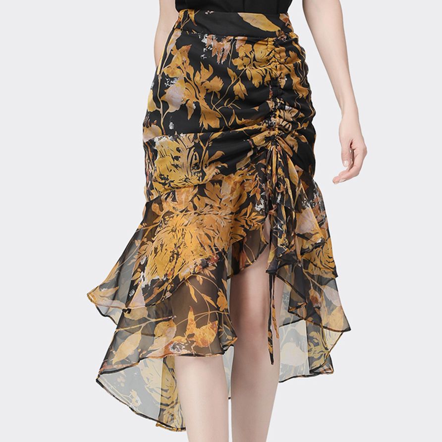 High-waisted, Figure-flattering Flounced Floral Sheath Skirt