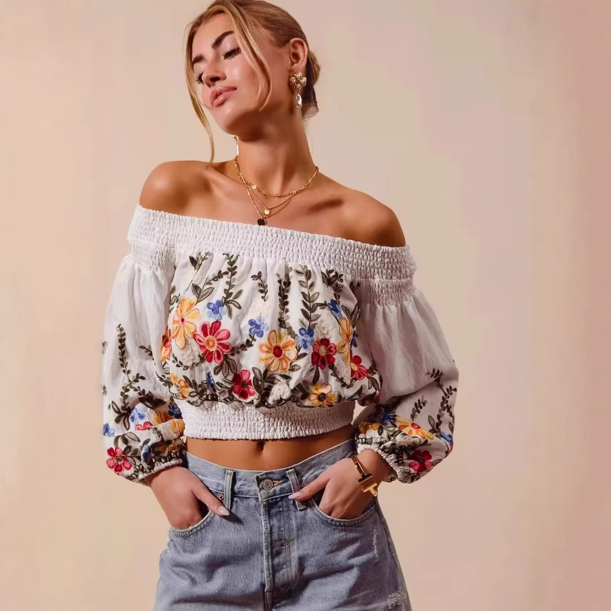 Women's Fashion Spicy Girl Print Off-shoulder Loose Top