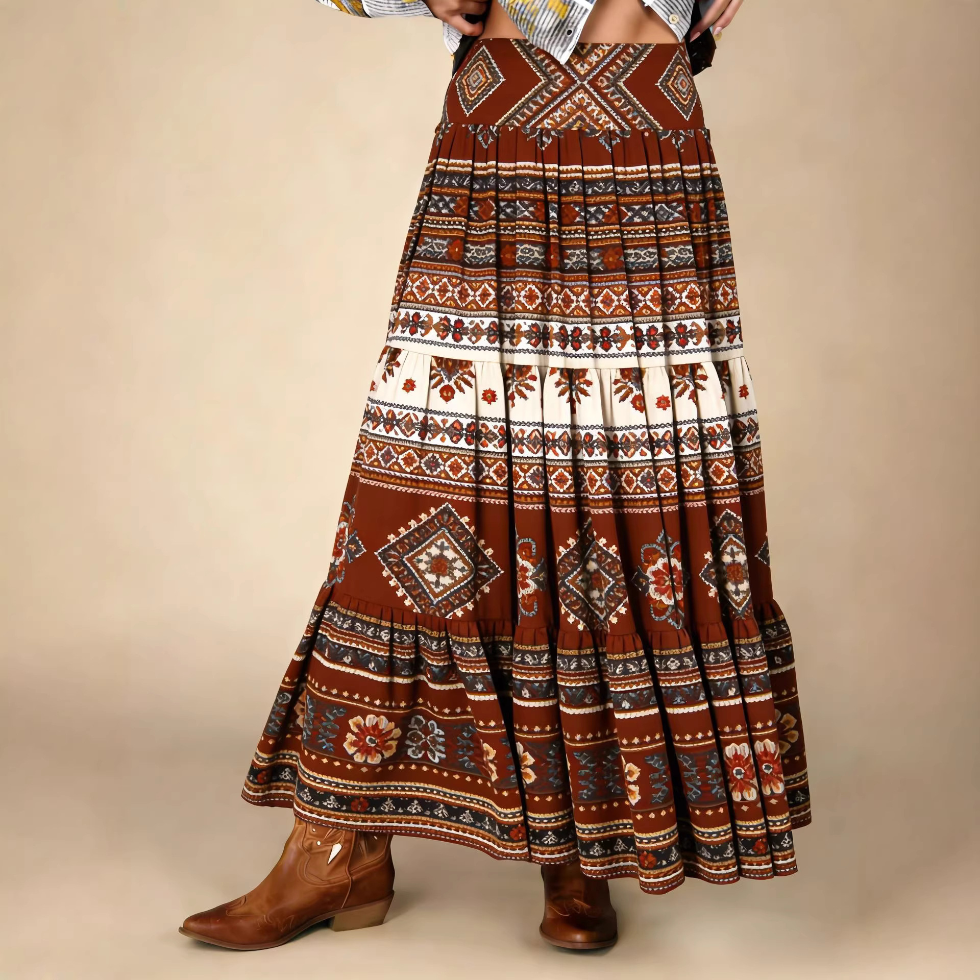 Versatile Bohemian Print High-Waist Slimming Skirt