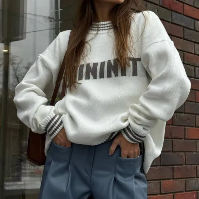 Knitted Sweater Sweater Round Neck Pullover For Women White - Shop at LoveMi