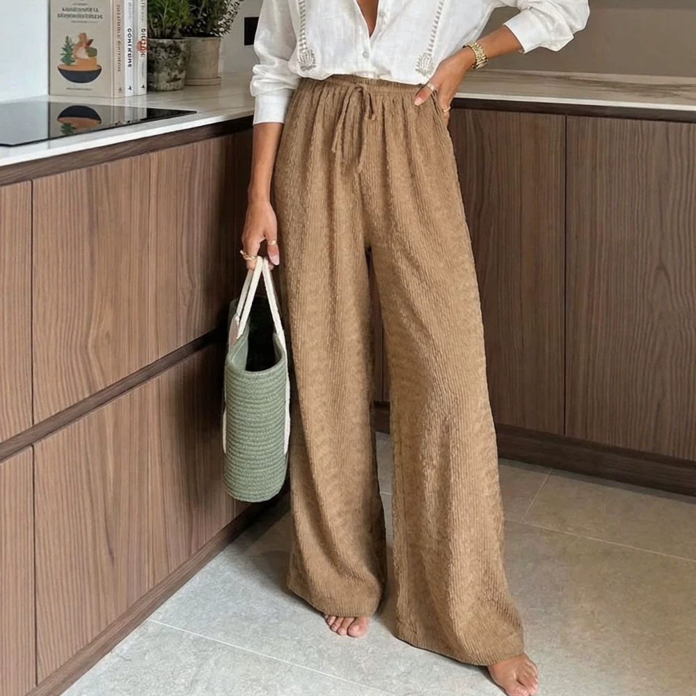 Womens Corduroy Loose-Fit Casual Straight Pants With Elastic Waist