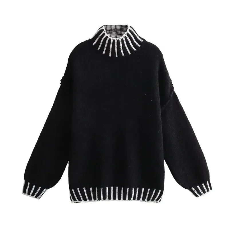 Women's Fashion Casual Multi-color Loose Pullover Sweater - Black