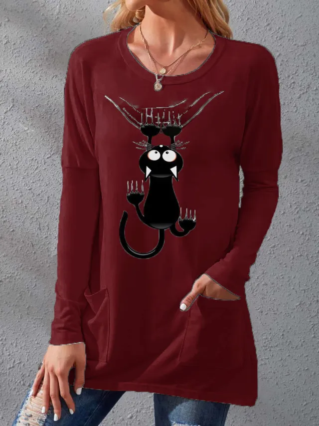 Women's Pocket Round Neck T shirt Printed Loose Long Sleeve Dress Wine - Shop at LoveMi