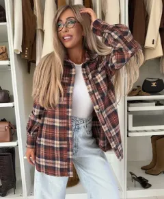 Loose Long Sleeve Casual Plaid Button Shirt For Women - Rust Red - View 1